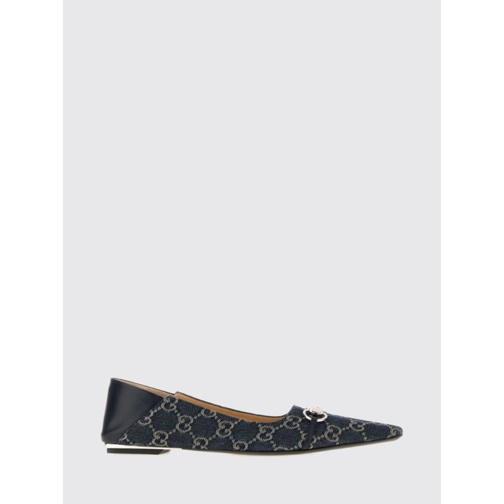 Gucci Vittoria Tapered Toe Gg Jacquard Denim Ballet Flats With Horsebit Detail